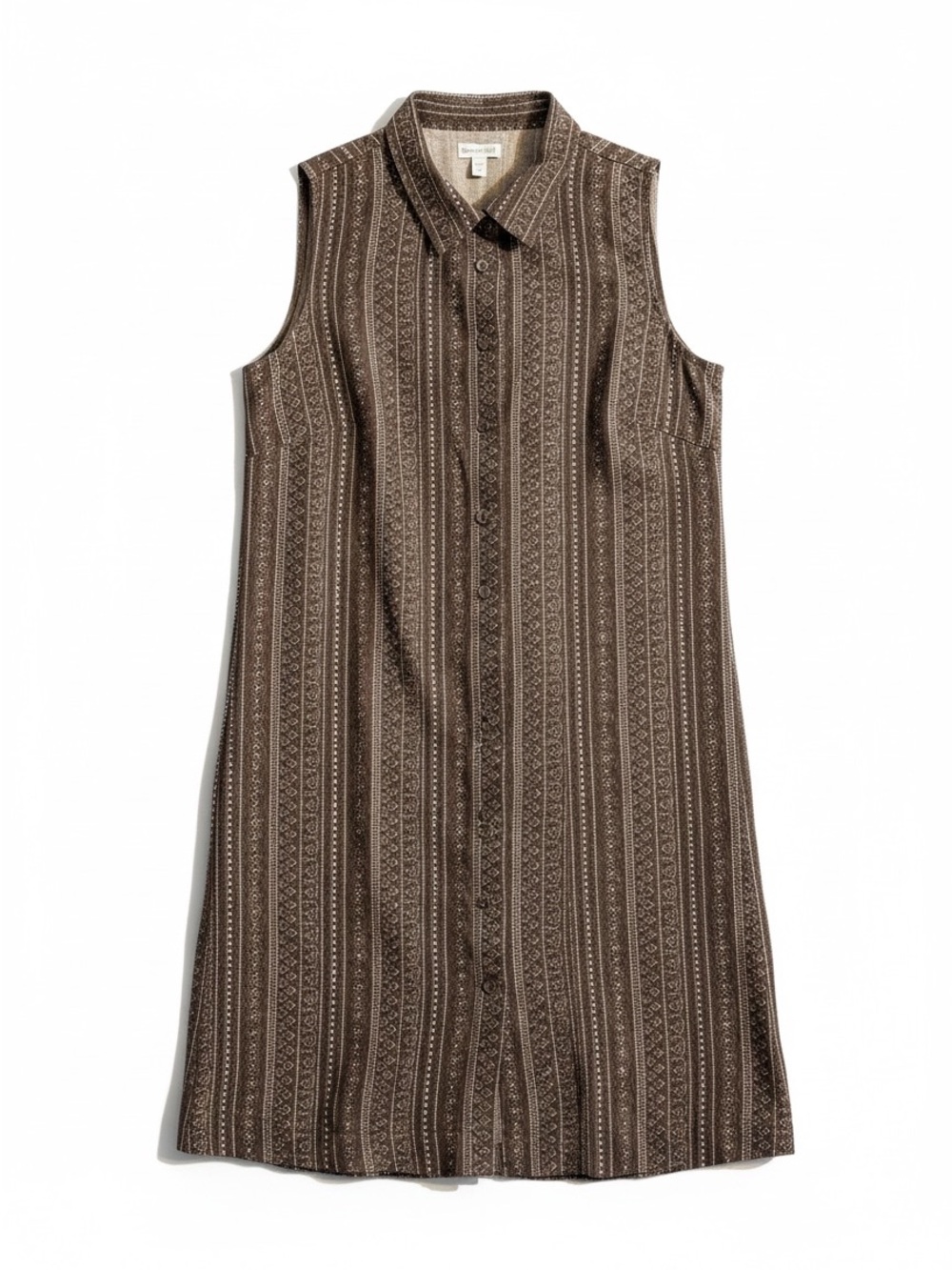 Garnet Hill Shirt Dress Womens 10 Brown 100% Linen Sleeveless Printed